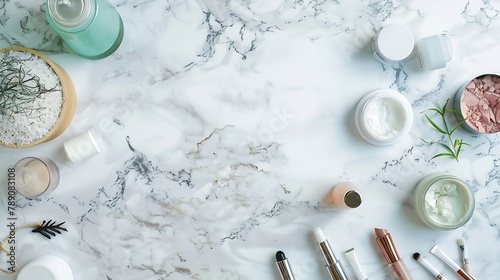 Spa beauty cosmetics on white marble table from above Copy space : Generative AI