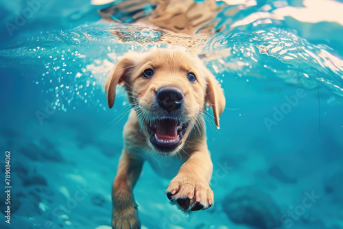 happy smiling puppy labrador swimming underwater in the sea on a sunny summer day