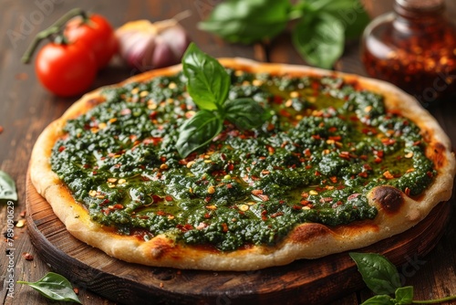 Artisanal pesto pizza featuring authentic Italian ingredients and a homemade vibe