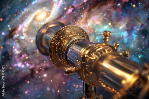 : A telescope opens its giant eye to the cosmos, capturing a swirling galaxy awash in hues of violet and gold.