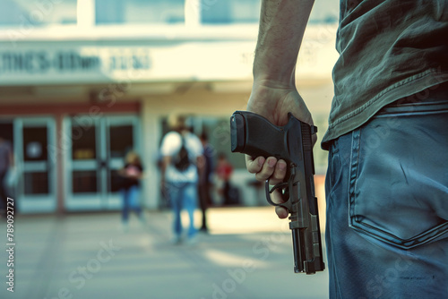 Back view of young man with a pistol gun standing in front of a high school building in blurry background