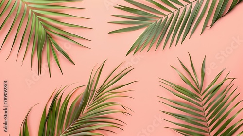 Dry tropical exotic palm leaves on pale pastel peachy background Flat lay top view minimalist floral pattern aesthetic composition Summer time concept Blank copy space mockup : Generative AI