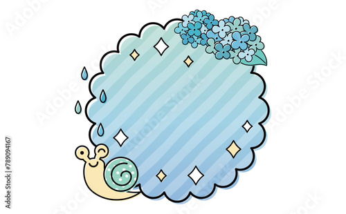 丸・円・雲形のカタツムリとあじさいが描かれたタイトルに使える梅雨の吹き出し背景フレーム