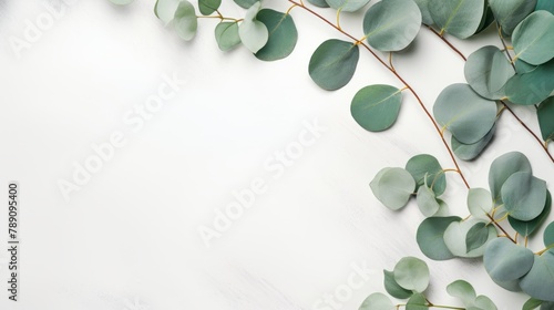 Flat lay composition with branch of fresh eucalyptus leaves and space for design on table background banner, top view (2)