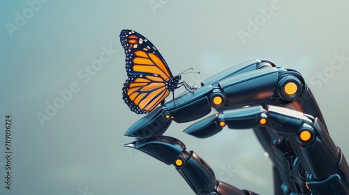 minimalistic concept photo of A sleek, robotic arm with slender, articulated fingers gently cradles a single, delicate butterfly wing