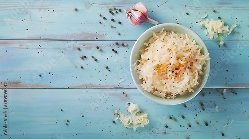 Bowl of tasty sauerkraut and ingredients on light blue wooden table flat lay : Generative AI