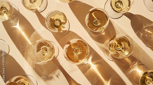 Summer party drinks flat lay wine glasses with white sparkling wine and sunshine shadow on light table Minimal pattern with beautiful wine glasses above view still life beige golden ne : Generative AI