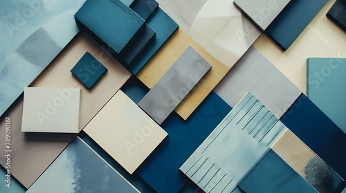 Creative flat lay composition with textile and paint samples panels and cement tiles Stylish interior designer moodboard Blue and beige color palette Copy space Template : Generative AI