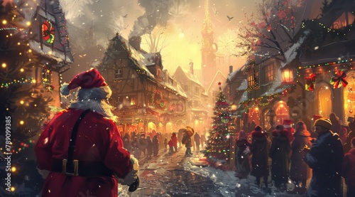 A charming Christmas scene depicts Santa Claus walking through the festively decorated streets