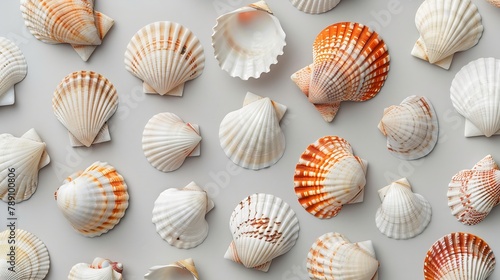 Sea shells on gray background Summer concept Flat lay top view copy space : Generative AI