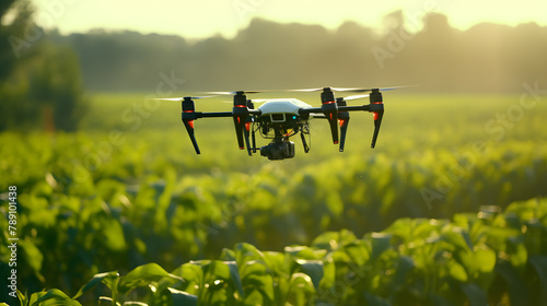 Drone soars over wide fields with blue sky and fluffy clouds in the background, technology and agriculture concept.