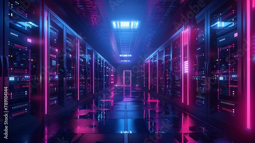 A dark and mysterious data center with pink and blue neon lights illuminating the room.