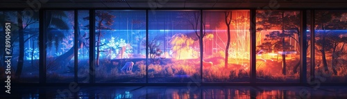 Mystic frostfire lights up a vibrant wildlife scene outside a large window, viewed from an old heritage lecture hall now used for network business seminars, 