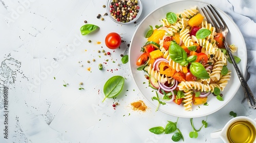 Plate and bowl with tasty pasta salad and ingredients on light background : Generative AI