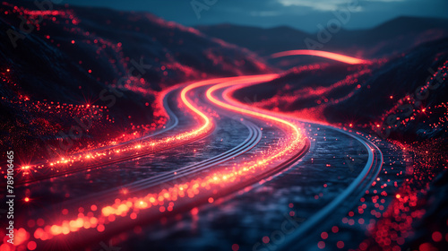 Light trail wave, fire path trace line, car lights, optic fiber and incandescence curve twirl. High speed road in night time abstraction. Sport car is made of polygons, lines and connected dots.
