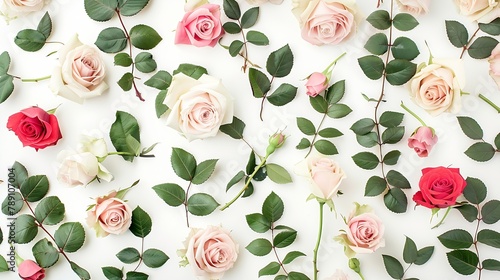 Floral pattern made of pink and beige roses green leaves branches on white background Flat lay top view Valentines background Floral pattern Pattern of flowers Flowers pattern texture : Generative AI