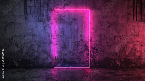 Pink and purple neon lights form a glowing rectangular frame on a textured wall.