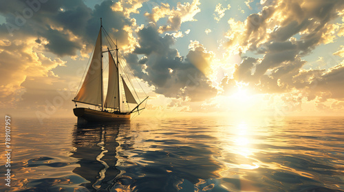 Vintage sailboat in the sea at sunset.3d render