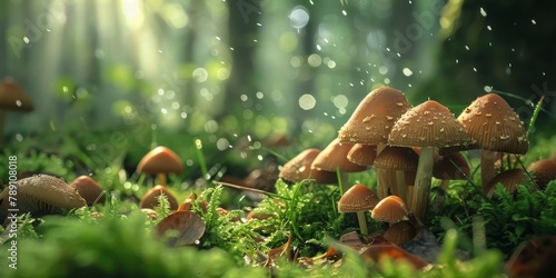 A group of mushrooms are scattered across a lush green field