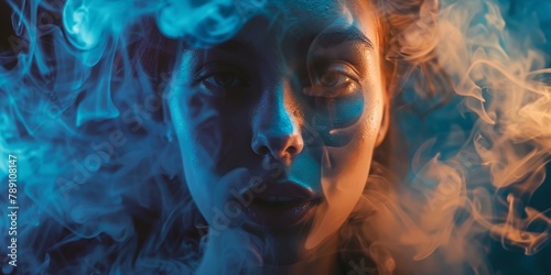 A woman's face is covered in smoke