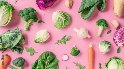 Winter vegetables Collard greens Swiss chard carrot parsnip radish broccoli Brussels sprout kohlrabi red cabbage fennel garlic and kale on pastel pink background Flat lay raw food patt : Generative AI
