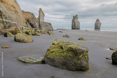 Abstract rock formations at the Three Sisters, Tongaporutu, Taranaki, New Zealand.
