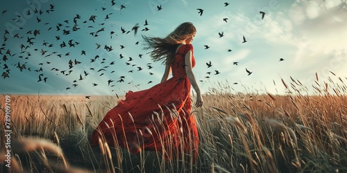 A woman in a red dress is walking through a field of tall grass