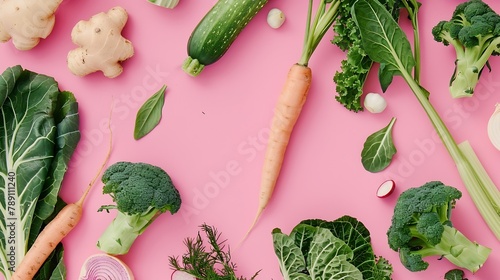 Winter vegetables Collard greens Swiss chard carrot parsnip radish broccoli Brussels sprout kohlrabi red cabbage fennel garlic and kale on pastel pink background Flat lay raw food patt : Generative AI