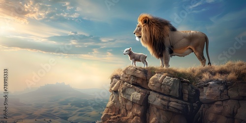 Lion and Lamb Coexisting at the Cliffside Overlooking the Majestic Horizon and Vast Landscape