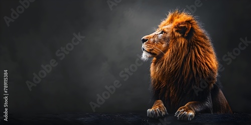 The noble and majestic profile of a lion its powerful mane elegantly framing its fierce yet captivating face against a dramatic dark background