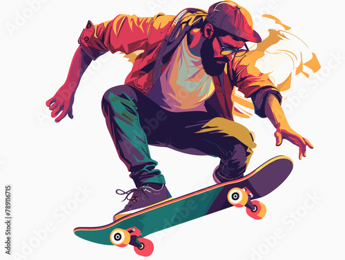 white background, A man riding a skateboard in the city - isolate the man against a background of streets and buildings., very simple and isolate in the style of animated illustrations, white backgrou