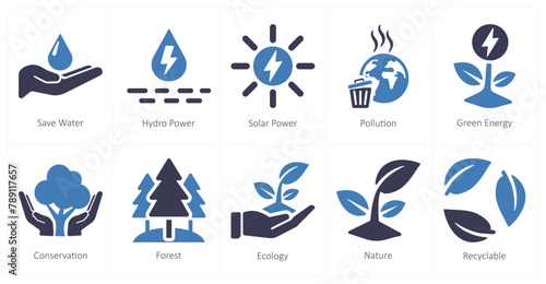 A set of 10 ecology icons as save water, hydro power, solar power