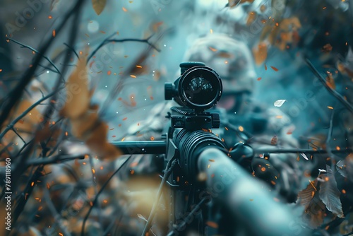 : A machine gun with a scope, surrounded by a blur of foliage and branches