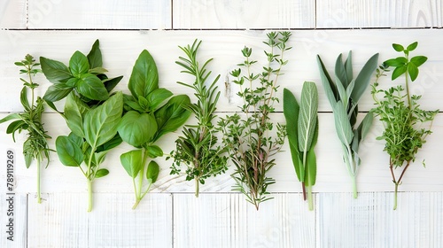 Various fresh herbs from the garden peppermint sweet basil rosemaryfennel sage and lemon thyme on white wooden background with flat lay and copy space : Generative AI