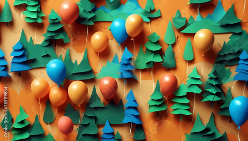 balloons mountains papercut art a orange illustration blue colorful paper has confetti trees background pine sky 3d wallpaper green balloon colourful col