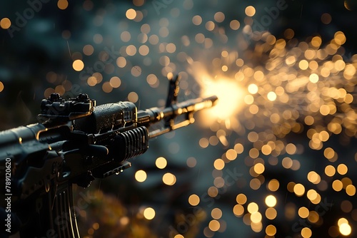 : A machine gun firing in slow motion, with the tracer rounds leaving trails of light
