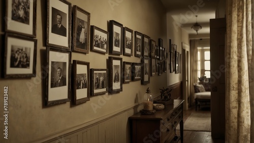A hallway adorned with a chronological display of framed, historic family photographs in sepia tones Generative AI