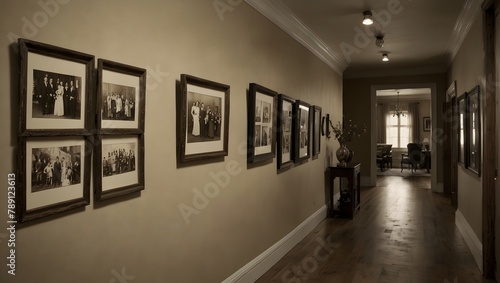 A hallway adorned with a chronological display of framed, historic family photographs in sepia tones Generative AI