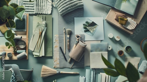 Stylish flat lay composition of creative architect moodboard design with samples of building textile and natural materials and personal accessories Top view green background template : Generative AI