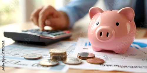 Focused image of a coin being placed into a pink piggy bank with mortgage documents and a calculator nearby showcasing personal finance and savings