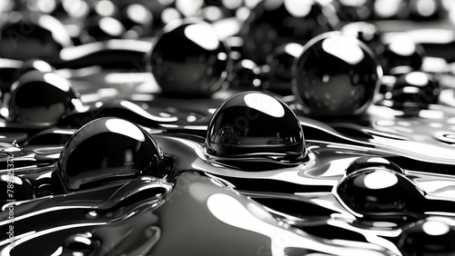 Abstract black and white background with liquid metal spheres and bubbles.Beautiful monochrome flowing techno background design. Fluid reflective chrome spheres wallpaper header concept.