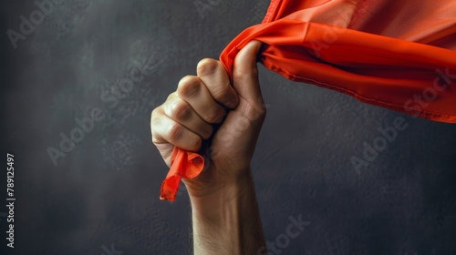 Close-up of a hand firmly holding a flag, focus on texture and colors, simple isolated backdrop, studio lighting