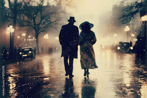 Couple walk in the middle of a city alley in a cold rainy night, vintage analog photo style