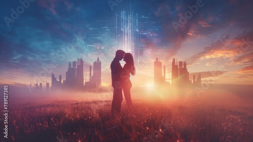 Silhouetted couple embracing in a field at sunset with futuristic cityscape