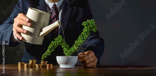 A businessman waters a growing plant shaped a financial arrow surrounded by coins on a table, Business growth, financial success concept