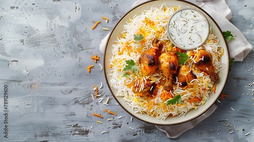 Pakistani food biryani rice with chicken and raita yoghurt dip Delicious hyberabadi chicken biryani on gray wooden background Top view or flat lay Copy space Vertical : Generative AI