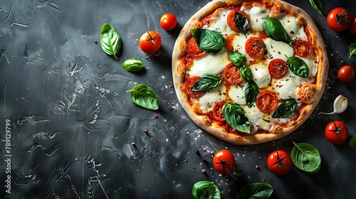 Neapolitan pizza with spices tomatoes and cheese mozzarella on dark background Pizza Margherita with mozzarella tomato sauce spinach on a thick dough Top view : Generative AI