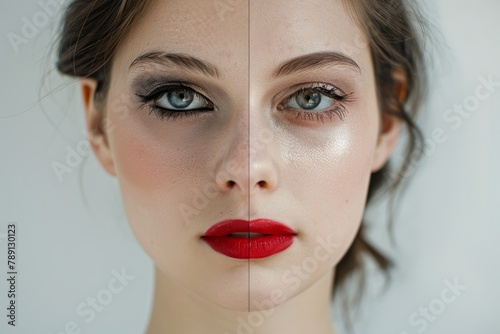 Split view portrait of a woman with and without makeup