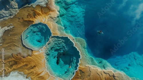 Aerial view of Yellowstone National Park, geysers and vibrant hot springs