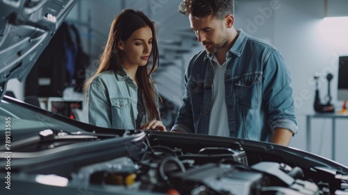 Automotive technician in a modern, minimalist garage, examining an electric car's engine with focused attention, explaining the diagnostics to a relaxed.